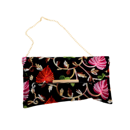 Handcrafted Velvet Beaded Clutch Bag with Gold Chain